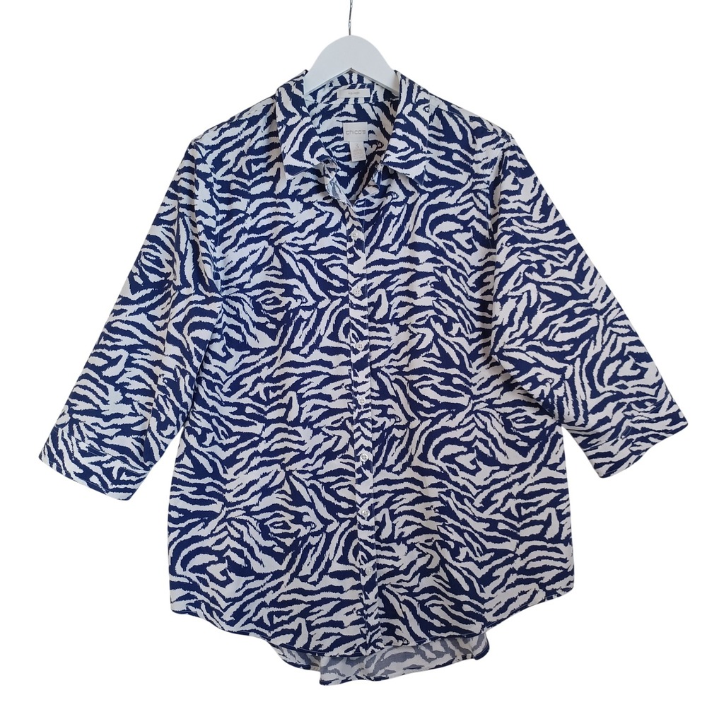 Chicos No Iron Cotton Button Down Shirt Purple White Zebra Print 3/4 Sleeve XL